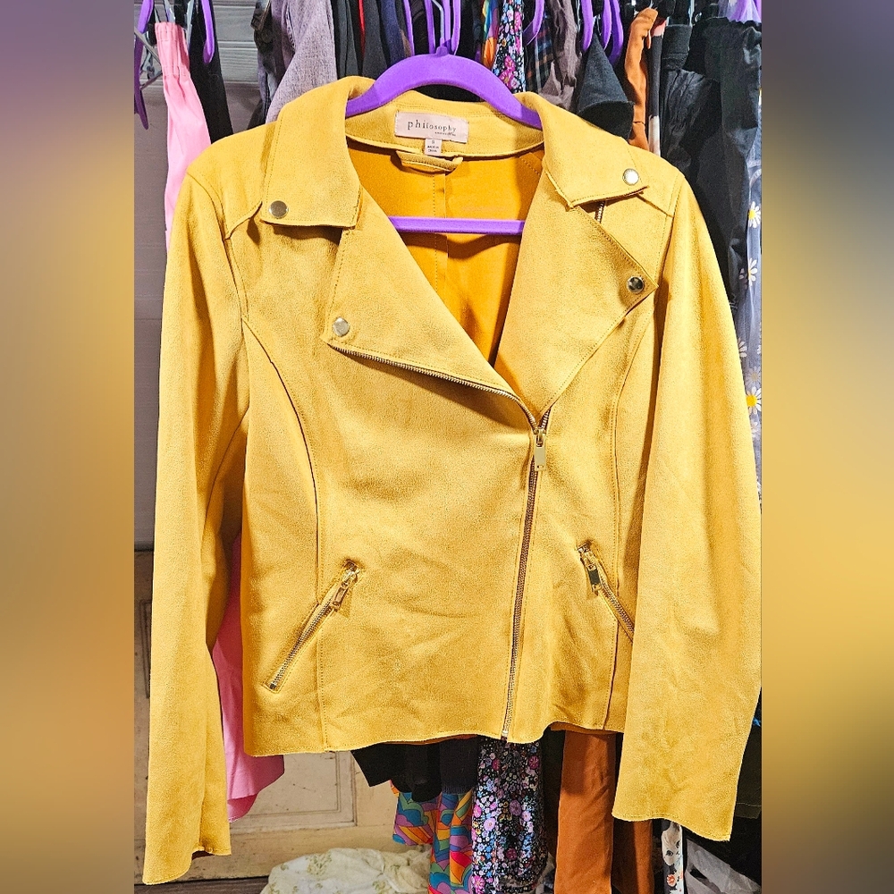 Philosophy Yellow Leather Moto Jacket with Asymmetrical Zipper